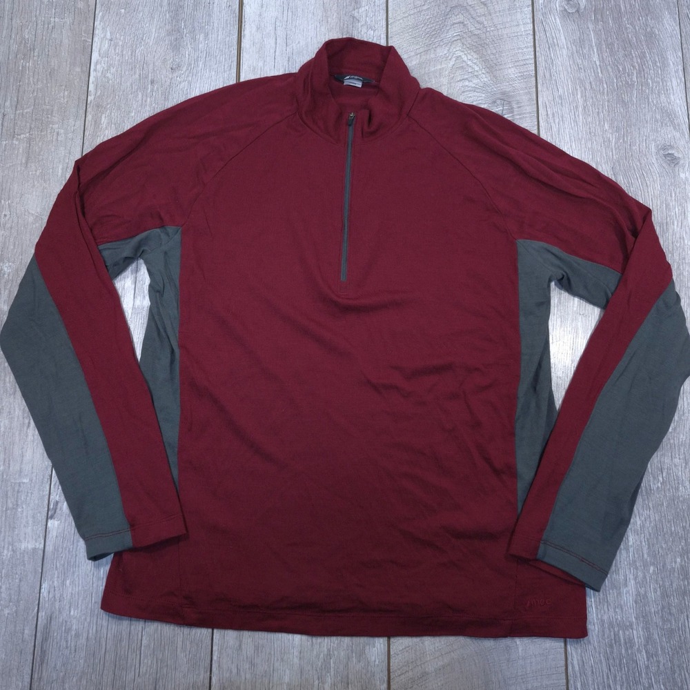 MEC Quarter Zip Pullover Mens Large Burgundy 100% Merino Wool Long Sleeve Top